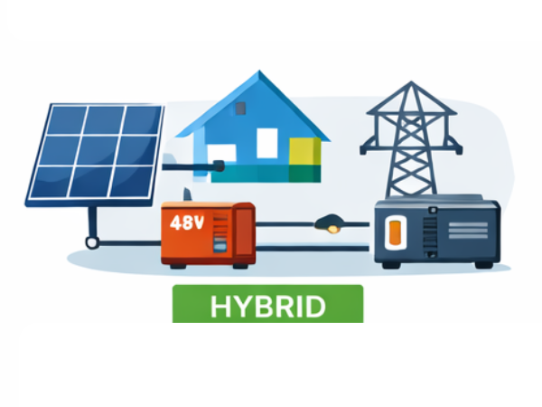 Hybrid 48V solcelleanlegg: Kombiner sol, batteri og nett/aggregat smartere