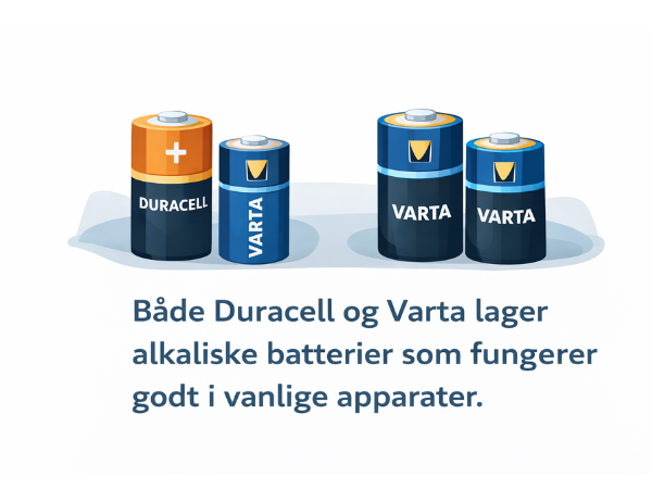 Både Duracell og Varta lager alkaliske batterier som fungerer godt i vanlige apparater.